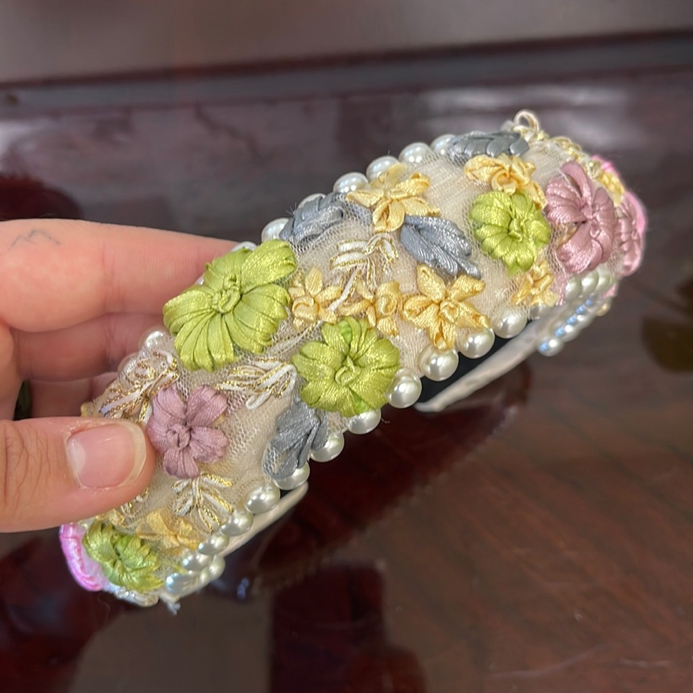 Embroidered Padded Headband with Pearls